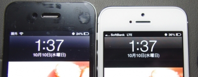 1時37分。iPhone4が24%。iPhone5が38%